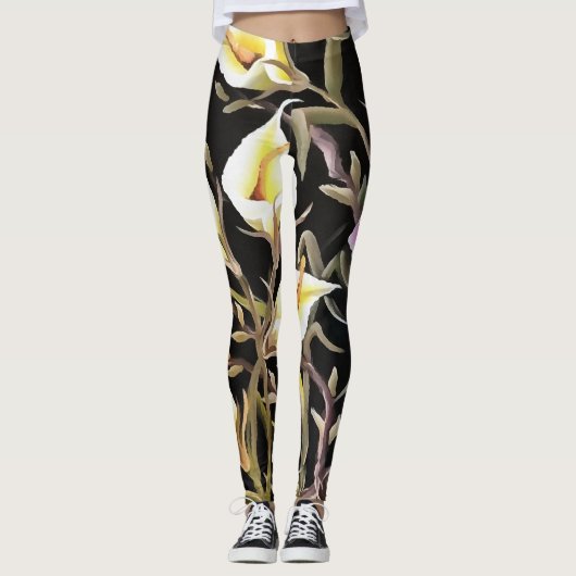 Arum Lily Artistic Floral Design on Black Leggings (Voorkant)