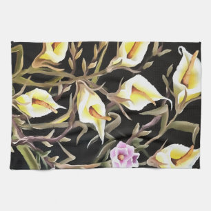 Arum Lily Artistic Floral Design on Black Theedoek