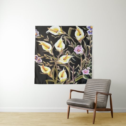 Arum Lily Artistic Floral Design on Black Wandkleed (In situ)