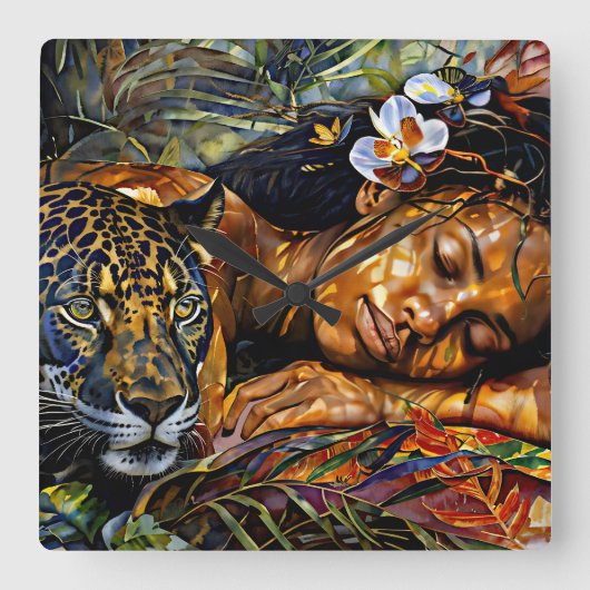 "Arumáya" Jaguar's Bloom - Vrouwen in het Amazoneg Vierkante Klok (Voorkant)