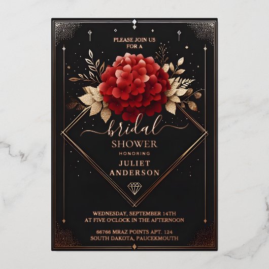 As Garden Diamond Rood Zwart en Goud Vrijgezellenf Folie Uitnodiging (Voorkant)