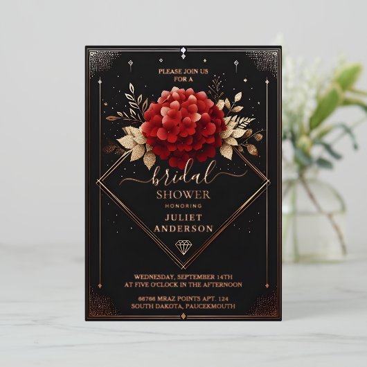 As Garden Diamond Rood Zwart en Goud Vrijgezellenf Folie Uitnodiging (Staand Voorkant)