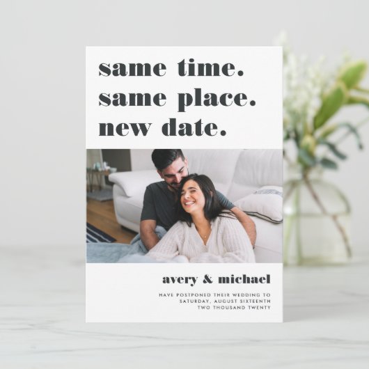 As | Uitnodiging uitstel moderne bruiloft Foto (Staand voorkant)