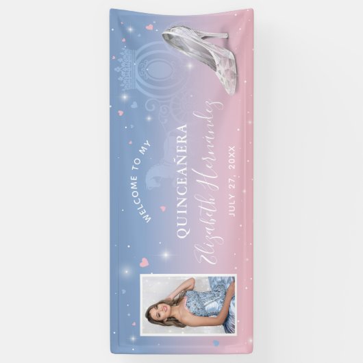 Asblaas Cinderella Roze en Lichtblauwe Verjaardags Spandoek (Verticaal)