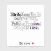 Aseksuele trots - Geboorteplaats: Aarde. Ras: Mens Sticker (Vel)