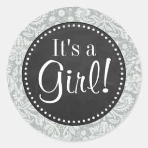 Asgrijs; grijs damast patroon; krijtbord look ronde sticker