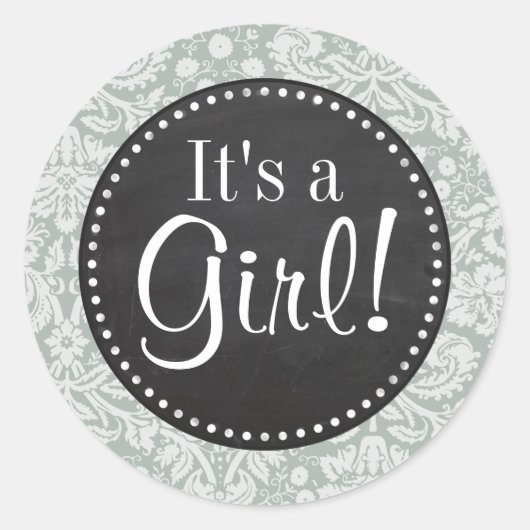 Asgrijs; grijs damast patroon; krijtbord look ronde sticker (Voorkant)