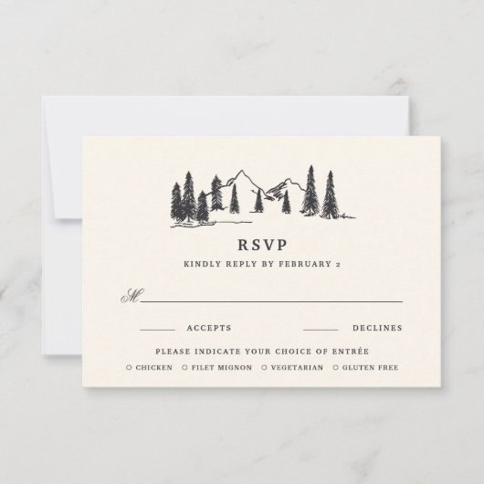 Ash Black | Mountain Sketch Wedding Meal Choice RSVP Kaartje (Voorkant)