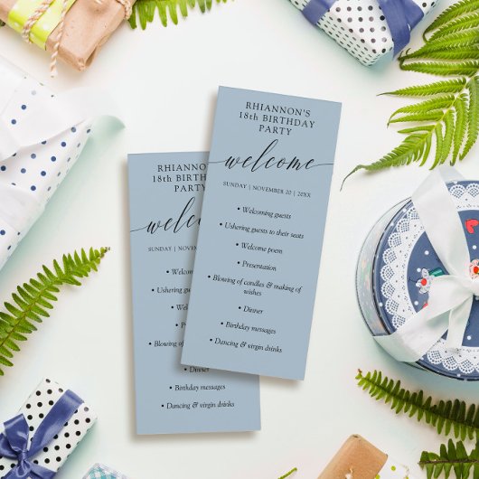Ash Blue Delicate Calligraphy Birthday Party Programmakaart