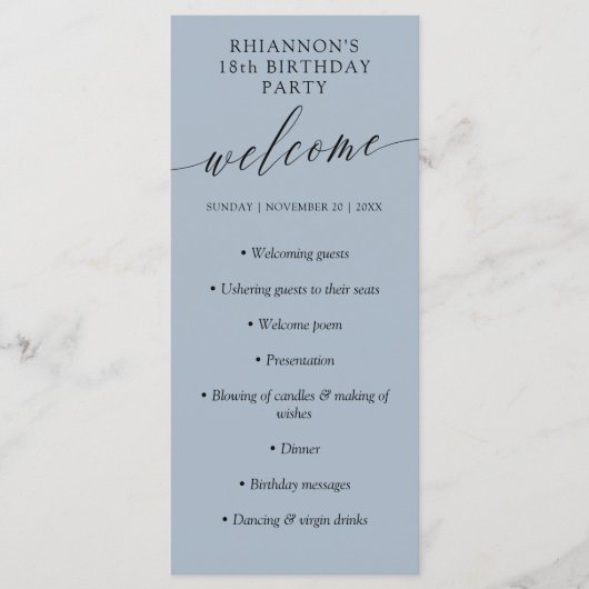 Ash Blue Delicate Calligraphy Birthday Party Programmakaart (Voorkant)