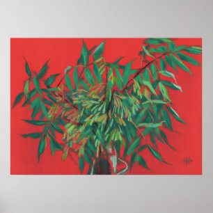 Ash-boom, zomerbladeren Floral Art, rood-groen Poster