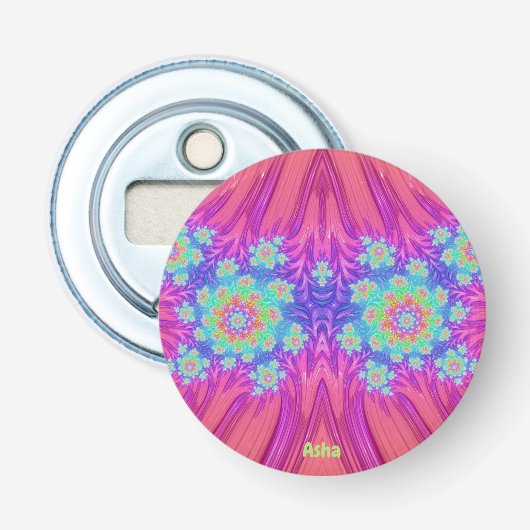 ASHA ~ Roze Coral Blue en Green 3D Fractal ~ Button Flesopener (Voorkant)