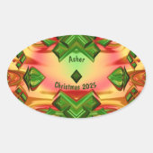 ASHER ~ KERST 2025 Groen Rood Geel Fractal ~ Ovale Sticker (Voorkant)