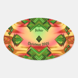ASHER ~ KERST 2025 Groen Rood Geel Fractal ~ Ovale Sticker