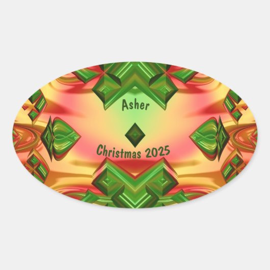 ASHER ~ KERST 2025 Groen Rood Geel Fractal ~ Ovale Sticker (Voorkant)