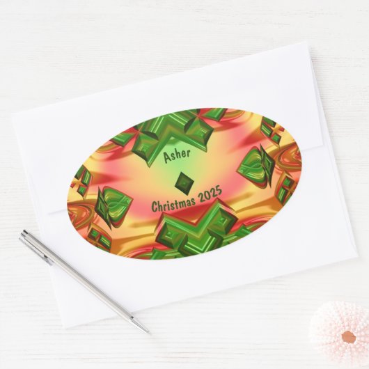 ASHER ~ KERST 2025 Groen Rood Geel Fractal ~ Ovale Sticker (Envelop)