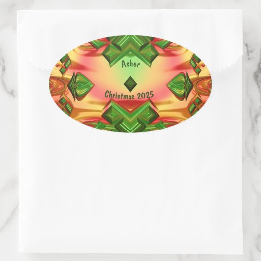 ASHER ~ KERST 2025 Groen Rood Geel Fractal ~ Ovale Sticker (Tas)