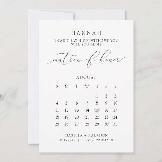 ASHER Modern Script Calendar Matron Honour Voorste Kaart (Voorkant)