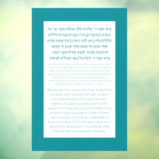 Asher Yatzar Hebrew Blessing Turquoise Raamsticker (Vel 3)