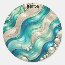 ASHTON ~ GLANZEND Blauw Wit Abstract ~ Ronde Sticker