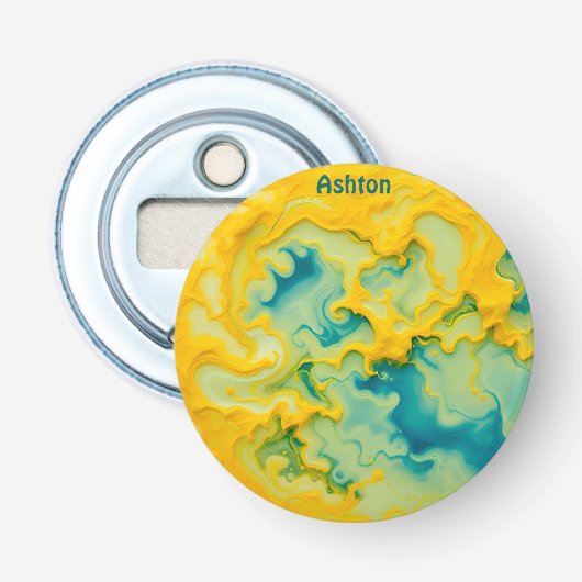 ASHTON ~ Shades of Aqua Yellow Blue 3D ~ Button Flesopener (Voorkant)