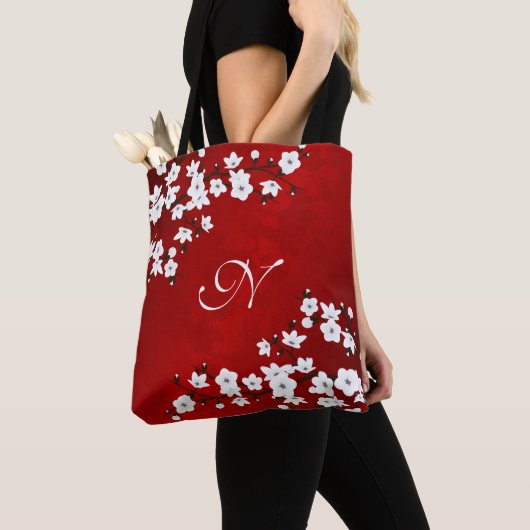 Asia Floral Red White Cherry Blossom Monogram Tote Bag (Dichtbij)