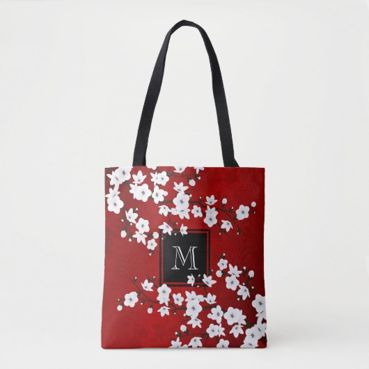 Asia Floral Red White Cherry Blossom Monogram Tote Bag (Voorkant)