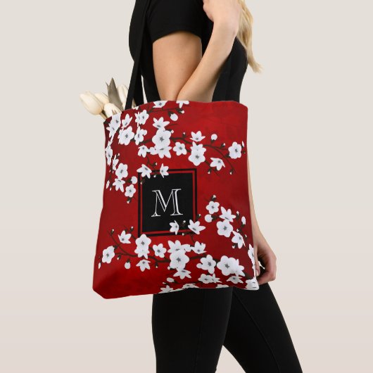 Asia Floral Red White Cherry Blossom Monogram Tote Bag (Dichtbij)