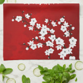Asia Floral White Cherry Blossom Naam toevoegen Theedoek (Gevouwen)