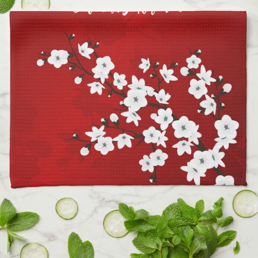 Asia Floral White Cherry Blossom Naam toevoegen Theedoek (Gevouwen)