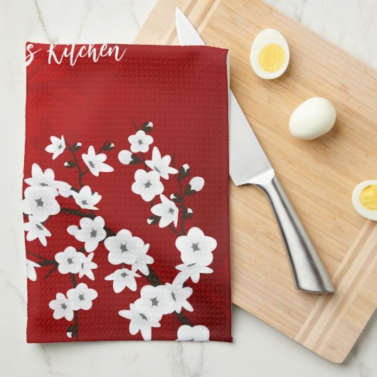Asia Floral White Cherry Blossom Naam toevoegen Theedoek (Quarter Fold)