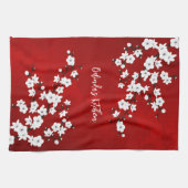 Asia Floral White Cherry Blossom Naam toevoegen Theedoek (Horizontaal)