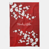 Asia Floral White Cherry Blossom Naam toevoegen Theedoek (Verticaal)