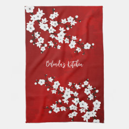 Asia Floral White Cherry Blossom Naam toevoegen Theedoek