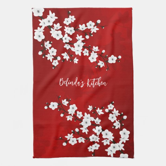 Asia Floral White Cherry Blossom Naam toevoegen Theedoek (Verticaal)