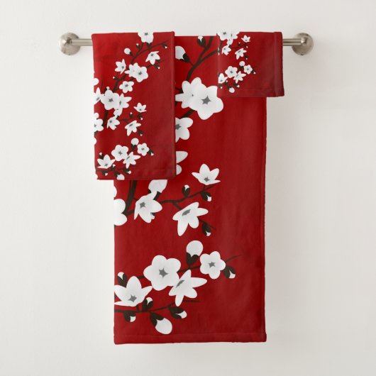 Asia Floral White Cherry Blossom Red Bad Handdoek (Insitu)