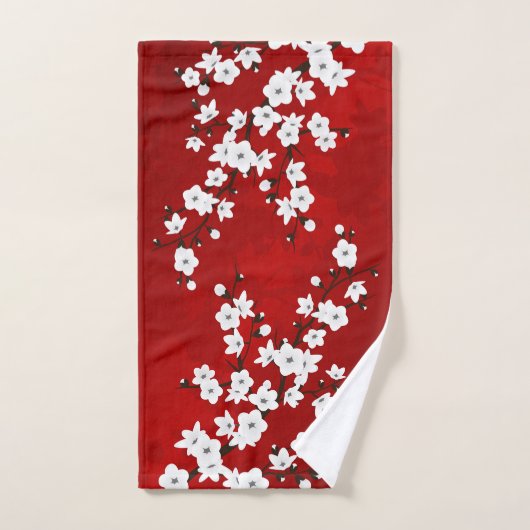 Asia Floral White Cherry Blossom Red Bad Handdoek (Handdoek)