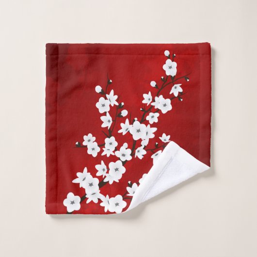 Asia Floral White Cherry Blossom Red Bad Handdoek (Wasdoekje)