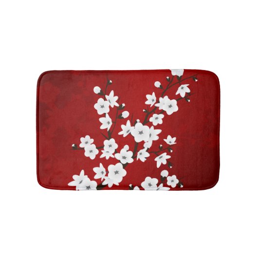 Asia Floral White Cherry Blossom Red Badmat (Voorkant)