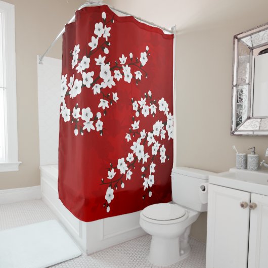 Asia Floral White Cherry Blossom Red Douchegordijn (In situ)