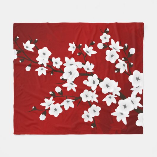Asia Floral White Cherry Blossom Red Fleece Deken (Voorkant (Horizontaal))