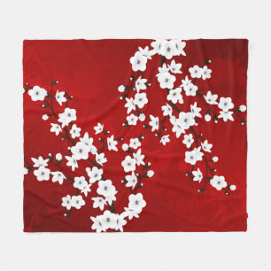 Asia Floral White Cherry Blossom Red Fleece Deken