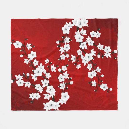 Asia Floral White Cherry Blossom Red Fleece Deken (Voorkant (Horizontaal))