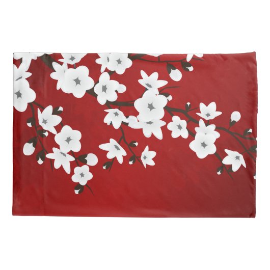 Asia Floral White Cherry Blossom Red Kussensloop (Achterkant)