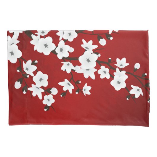 Asia Floral White Cherry Blossom Red Kussensloop (Voorkant)