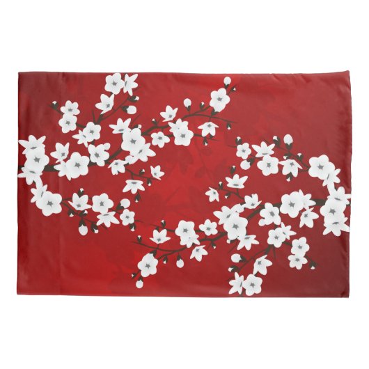 Asia Floral White Cherry Blossom Red Kussensloop (Achterkant)