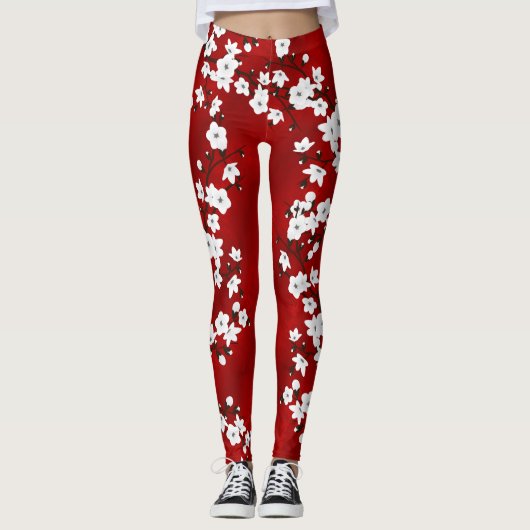 Asia Floral White Cherry Blossom Red Leggings (Voorkant)