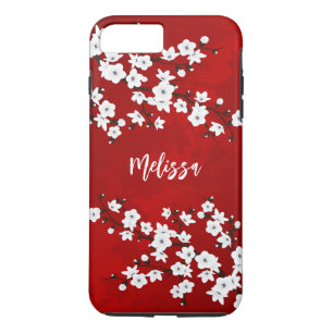 Asia Floral White Cherry Blossom Red Monogram iPhone 8/7 Plus Hoesje
