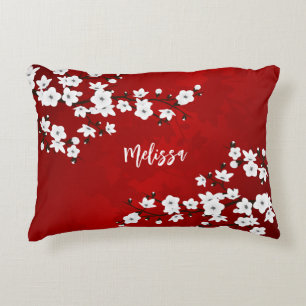 Asia Floral White Cherry Blossom Red Monogram Decoratief Kussen