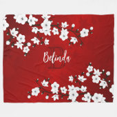 Asia Floral White Cherry Blossom Red Monogram Fleece Deken (Voorkant (Horizontaal))